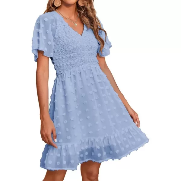 imageBTFBM Womens V Neck Smocked Short Sleeve Casual Dress Swiss Dot Swing Flowy Ruffle Hem Mini Beach Summer Dresses 2023Swiss Dot Blue