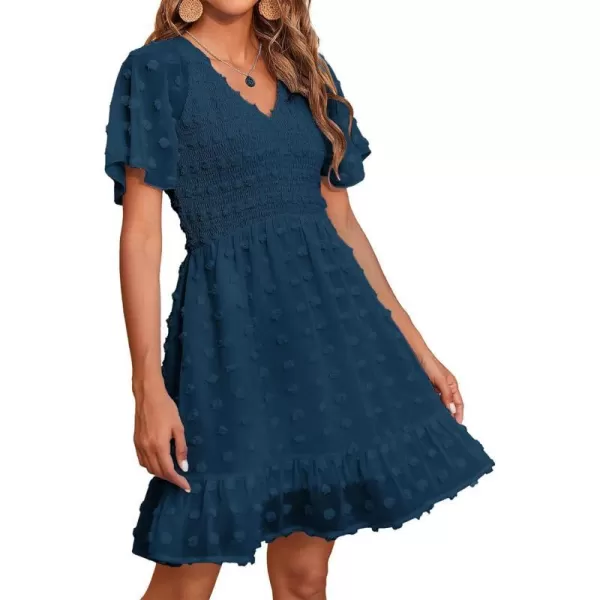 imageBTFBM Womens V Neck Smocked Short Sleeve Casual Dress Swiss Dot Swing Flowy Ruffle Hem Mini Beach Summer Dresses 2023Swiss Dot Dark Blue