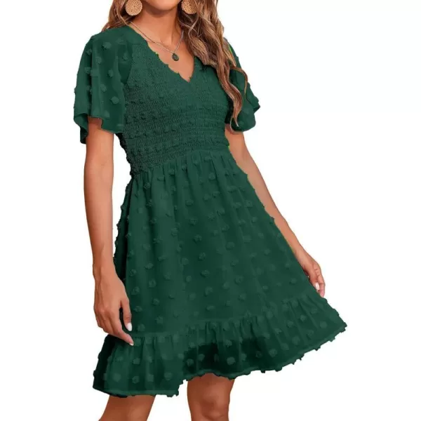 imageBTFBM Womens V Neck Smocked Short Sleeve Casual Dress Swiss Dot Swing Flowy Ruffle Hem Mini Beach Summer Dresses 2023Swiss Dot Dark Green