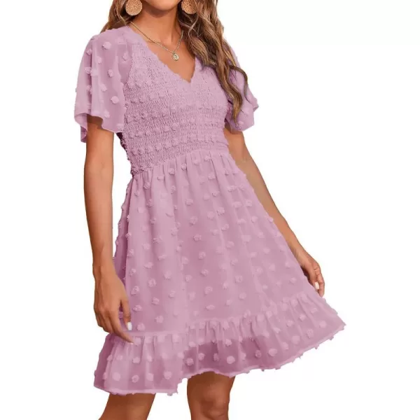 imageBTFBM Womens V Neck Smocked Short Sleeve Casual Dress Swiss Dot Swing Flowy Ruffle Hem Mini Beach Summer Dresses 2023Swiss Dot Dusty Pink