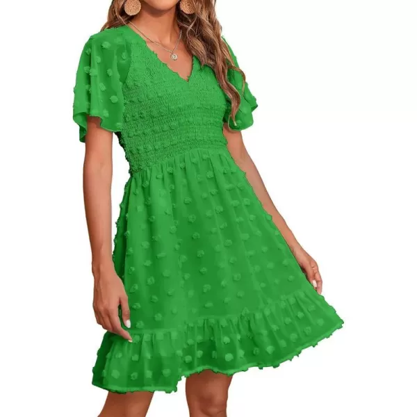 imageBTFBM Womens V Neck Smocked Short Sleeve Casual Dress Swiss Dot Swing Flowy Ruffle Hem Mini Beach Summer Dresses 2023Swiss Dot Green
