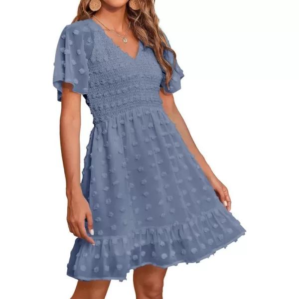 imageBTFBM Womens V Neck Smocked Short Sleeve Casual Dress Swiss Dot Swing Flowy Ruffle Hem Mini Beach Summer Dresses 2023Swiss Dot Grey Blue