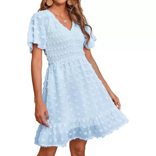 imageBTFBM Womens V Neck Smocked Short Sleeve Casual Dress Swiss Dot Swing Flowy Ruffle Hem Mini Beach Summer Dresses 2023Swiss Dot Light Blue