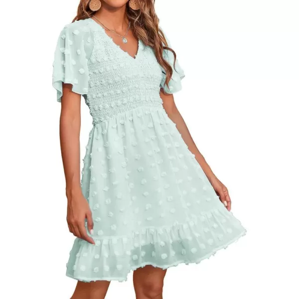 imageBTFBM Womens V Neck Smocked Short Sleeve Casual Dress Swiss Dot Swing Flowy Ruffle Hem Mini Beach Summer Dresses 2023Swiss Dot Light Green