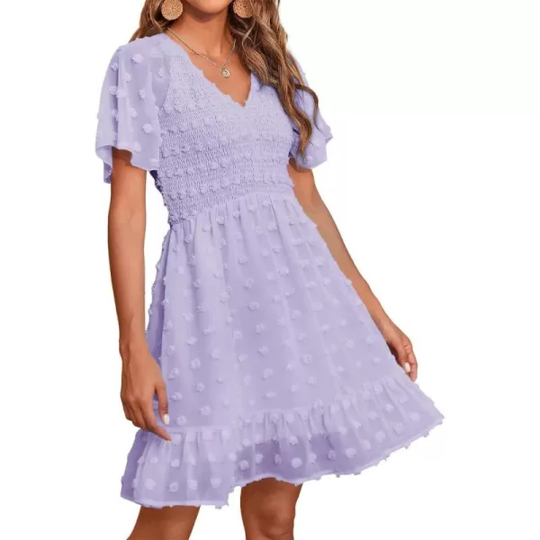 imageBTFBM Womens V Neck Smocked Short Sleeve Casual Dress Swiss Dot Swing Flowy Ruffle Hem Mini Beach Summer Dresses 2023Swiss Dot Light Purple