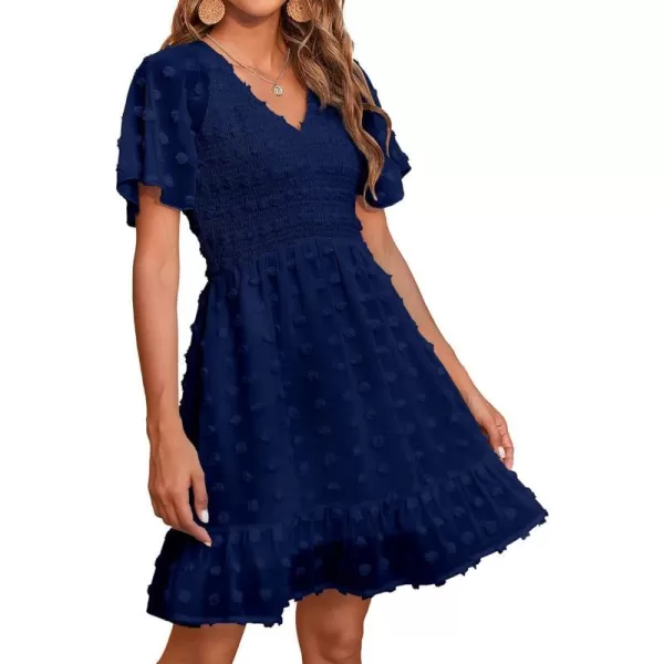 imageBTFBM Womens V Neck Smocked Short Sleeve Casual Dress Swiss Dot Swing Flowy Ruffle Hem Mini Beach Summer Dresses 2023Swiss Dot Navy