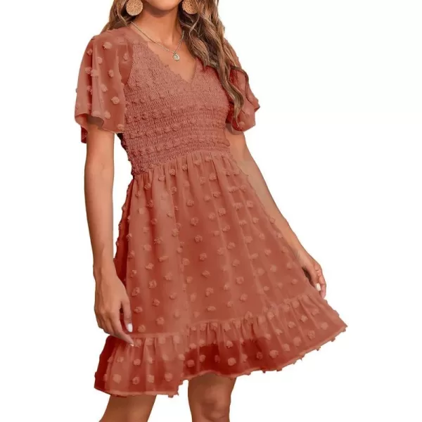 imageBTFBM Womens V Neck Smocked Short Sleeve Casual Dress Swiss Dot Swing Flowy Ruffle Hem Mini Beach Summer Dresses 2023Swiss Dot Orange