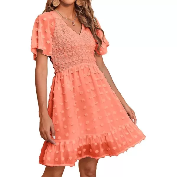 imageBTFBM Womens V Neck Smocked Short Sleeve Casual Dress Swiss Dot Swing Flowy Ruffle Hem Mini Beach Summer Dresses 2023Swiss Dot Orange Pink