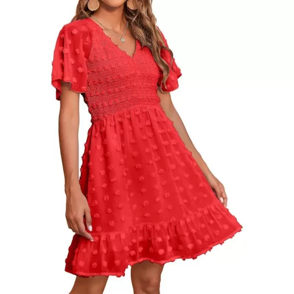 imageBTFBM Womens V Neck Smocked Short Sleeve Casual Dress Swiss Dot Swing Flowy Ruffle Hem Mini Beach Summer Dresses 2023Swiss Dot Red