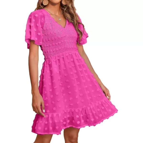 imageBTFBM Womens V Neck Smocked Short Sleeve Casual Dress Swiss Dot Swing Flowy Ruffle Hem Mini Beach Summer Dresses 2023Swiss Dot Rose Red