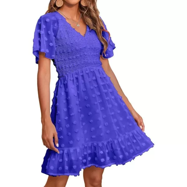 imageBTFBM Womens V Neck Smocked Short Sleeve Casual Dress Swiss Dot Swing Flowy Ruffle Hem Mini Beach Summer Dresses 2023Swiss Dot Royal Blue