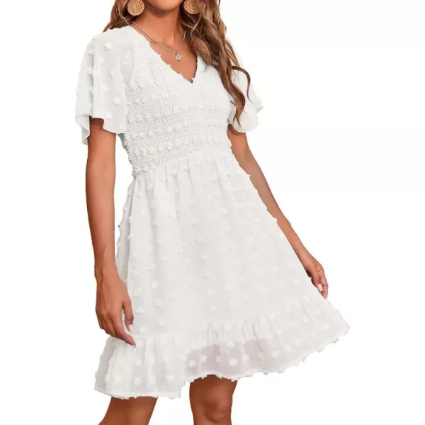 imageBTFBM Womens V Neck Smocked Short Sleeve Casual Dress Swiss Dot Swing Flowy Ruffle Hem Mini Beach Summer Dresses 2023Swiss Dot White
