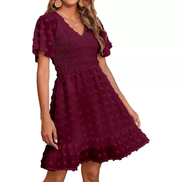 imageBTFBM Womens V Neck Smocked Short Sleeve Casual Dress Swiss Dot Swing Flowy Ruffle Hem Mini Beach Summer Dresses 2023Swiss Dot Wine Red