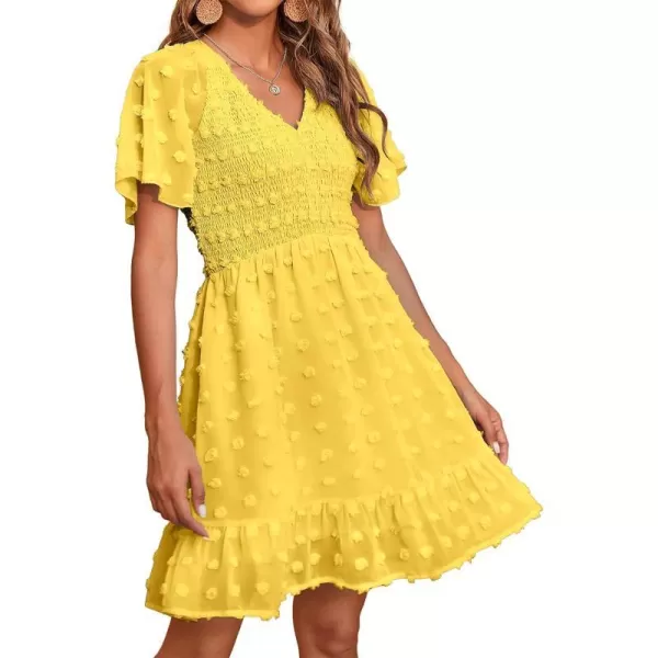 imageBTFBM Womens V Neck Smocked Short Sleeve Casual Dress Swiss Dot Swing Flowy Ruffle Hem Mini Beach Summer Dresses 2023Swiss Dot Yellow