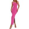 imageBTFBM Womens 2025 Summer Knit Bodycon Maxi Dress Sleeveless Square Neck Slit Tank Party Club Ribbed Sweater DressesSolid Rose Red