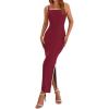 imageBTFBM Womens 2025 Summer Knit Bodycon Maxi Dress Sleeveless Square Neck Slit Tank Party Club Ribbed Sweater DressesSolid Wine Red