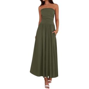 imageBTFBM Summer Maxi Dress for Women 2025 Strapless Ruched Flowy A Line Long Sundress Wedding Beach Vacation Dresses PocketArmy Green