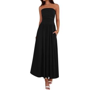imageBTFBM Summer Maxi Dress for Women 2025 Strapless Ruched Flowy A Line Long Sundress Wedding Beach Vacation Dresses PocketBlack