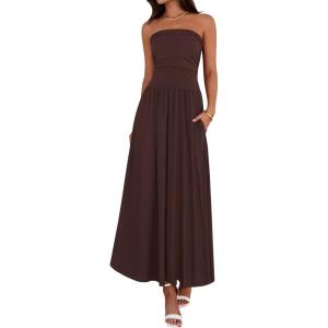 imageBTFBM Summer Maxi Dress for Women 2025 Strapless Ruched Flowy A Line Long Sundress Wedding Beach Vacation Dresses PocketBrown