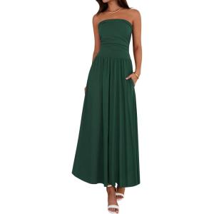 imageBTFBM Summer Maxi Dress for Women 2025 Strapless Ruched Flowy A Line Long Sundress Wedding Beach Vacation Dresses PocketDark Green