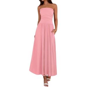 imageBTFBM Summer Maxi Dress for Women 2025 Strapless Ruched Flowy A Line Long Sundress Wedding Beach Vacation Dresses PocketPink