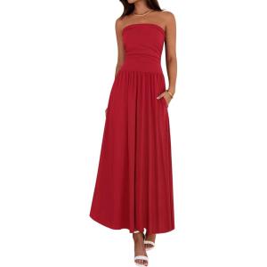 imageBTFBM Summer Maxi Dress for Women 2025 Strapless Ruched Flowy A Line Long Sundress Wedding Beach Vacation Dresses PocketRed