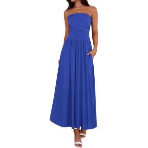 imageBTFBM Summer Maxi Dress for Women 2025 Strapless Ruched Flowy A Line Long Sundress Wedding Beach Vacation Dresses PocketRoyal Blue