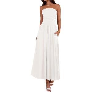 imageBTFBM Summer Maxi Dress for Women 2025 Strapless Ruched Flowy A Line Long Sundress Wedding Beach Vacation Dresses PocketWhite
