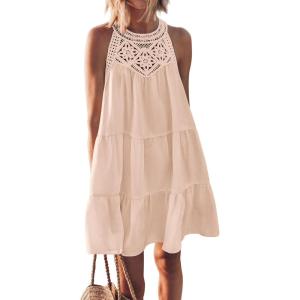 imageBTFBM Women Summer Halter Dresses Casual Spring 2025 Sleeveless ALine Tiered Swing Mini Dress Beach Vacation SundressSolid Apricot