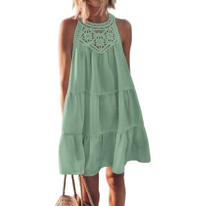 imageBTFBM Women Summer Halter Dresses Casual Spring 2025 Sleeveless ALine Tiered Swing Mini Dress Beach Vacation SundressSolid Bean Green