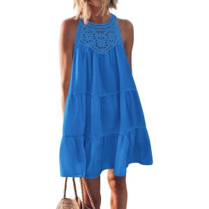 imageBTFBM Women Summer Halter Dresses Casual Spring 2025 Sleeveless ALine Tiered Swing Mini Dress Beach Vacation SundressSolid Blue