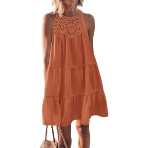 imageBTFBM Women Summer Halter Dresses Casual Spring 2025 Sleeveless ALine Tiered Swing Mini Dress Beach Vacation SundressSolid Brown Orange