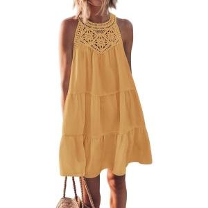 imageBTFBM Women Summer Halter Dresses Casual Spring 2025 Sleeveless ALine Tiered Swing Mini Dress Beach Vacation SundressSolid Light Orange