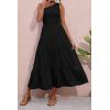 imageBTFBM 2025 Summer One Shoulder Dresses for Women Casual Sleeveless High Waist Floral Flowy Smocked Boho Beach Maxi DressSolid Black