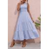 imageBTFBM 2025 Summer One Shoulder Dresses for Women Casual Sleeveless High Waist Floral Flowy Smocked Boho Beach Maxi DressSolid Light Blue