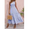 imageBTFBM 2025 Summer One Shoulder Dresses for Women Casual Sleeveless High Waist Floral Flowy Smocked Boho Beach Maxi DressSolid Light Blue