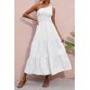 imageBTFBM 2025 Summer One Shoulder Dresses for Women Casual Sleeveless High Waist Floral Flowy Smocked Boho Beach Maxi DressSolid White