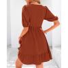 imageBTFBM Women Casual Summer Smocked Dresses 2025 Crew Neck Puff Short Sleeve Empire Waist ALine Beach Vacation Mini DressBrick Red