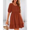 imageBTFBM Women Casual Summer Smocked Dresses 2025 Crew Neck Puff Short Sleeve Empire Waist ALine Beach Vacation Mini DressBrick Red