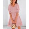 imageBTFBM Women Casual Summer Smocked Dresses 2025 Crew Neck Puff Short Sleeve Empire Waist ALine Beach Vacation Mini DressPink
