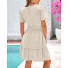 imageBTFBM Womens Casual V Neck Dresses 2025 Summer Spring Short Sleeve Sundress Smocked Waist A Line Tiered Mini DressApricot