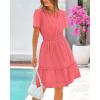 imageBTFBM Womens Casual V Neck Dresses 2025 Summer Spring Short Sleeve Sundress Smocked Waist A Line Tiered Mini DressBean Paste Red
