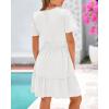 imageBTFBM Womens Casual V Neck Dresses 2025 Summer Spring Short Sleeve Sundress Smocked Waist A Line Tiered Mini DressWhite