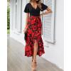 imageBTFBM Womens Maxi Summer Dresses 2025 Short Sleeve V Neck Boho Floral Print Belted High Low Ruffle Party Cocktail DressBig Floral Black Red