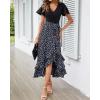 imageBTFBM Womens Maxi Summer Dresses 2025 Short Sleeve V Neck Boho Floral Print Belted High Low Ruffle Party Cocktail DressFloral Black Blue