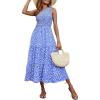 imageBTFBM 2025 Summer One Shoulder Dresses for Women Casual Sleeveless High Waist Floral Flowy Smocked Boho Beach Maxi DressFloral Blue White