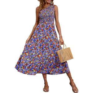 imageBTFBM 2025 Summer One Shoulder Dresses for Women Casual Sleeveless High Waist Floral Flowy Smocked Boho Beach Maxi DressFloral Black Blue