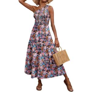 imageBTFBM 2025 Summer One Shoulder Dresses for Women Casual Sleeveless High Waist Floral Flowy Smocked Boho Beach Maxi DressFloral Black Pink Blue