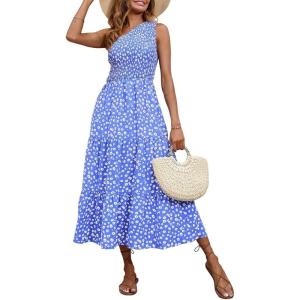 imageBTFBM 2025 Summer One Shoulder Dresses for Women Casual Sleeveless High Waist Floral Flowy Smocked Boho Beach Maxi DressFloral Blue White
