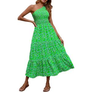 imageBTFBM 2025 Summer One Shoulder Dresses for Women Casual Sleeveless High Waist Floral Flowy Smocked Boho Beach Maxi DressFloral Green Blue
